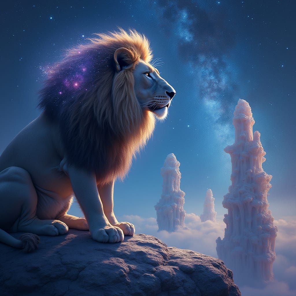 Stardust Lion Over Alien Crystals, in Surreal Style