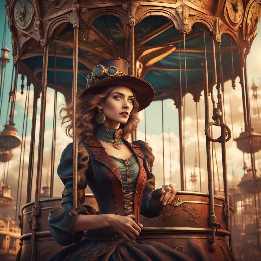 beautiful woman on a steampunk carousal vintage hues realist...