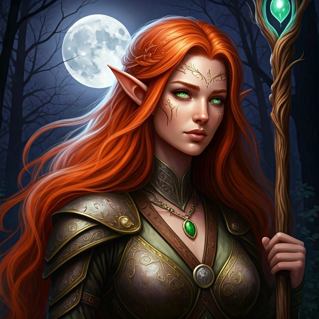 Half-Elf Druid in Moonlit Forest, Ethereal Fantasy Art