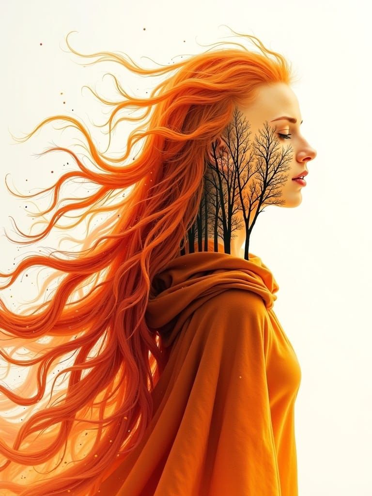 Autumn Lady in Watercolor Double Exposure