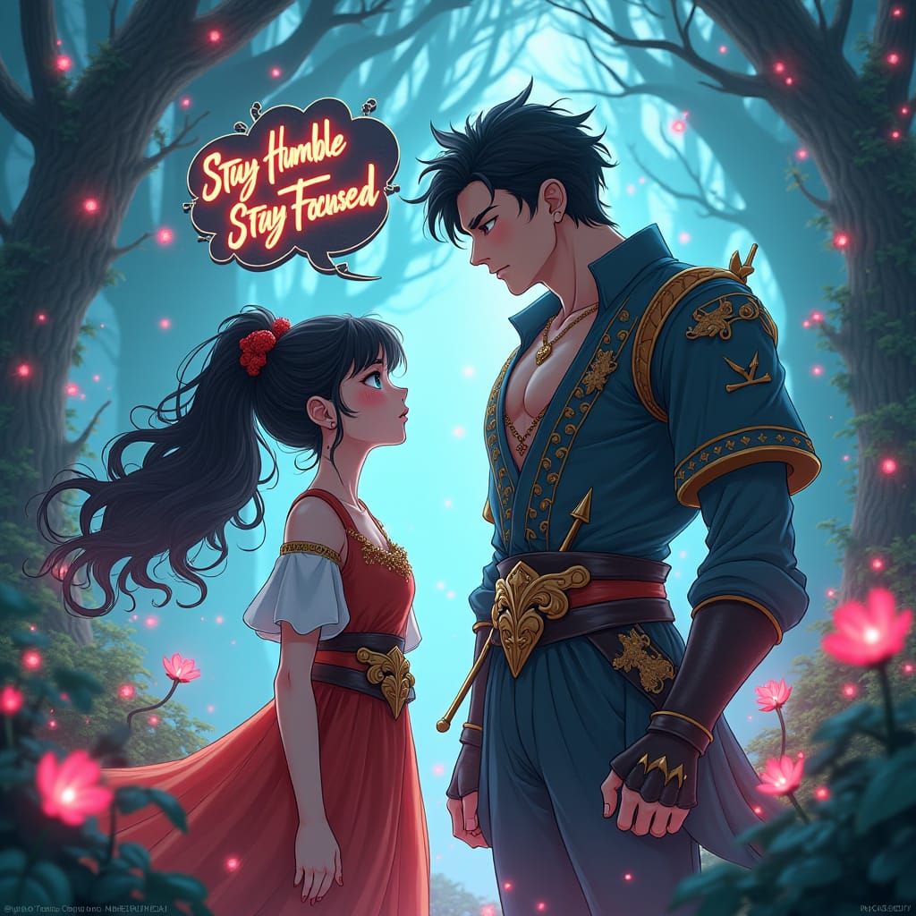 Anime Hero and Heroine in Mystical Landscape