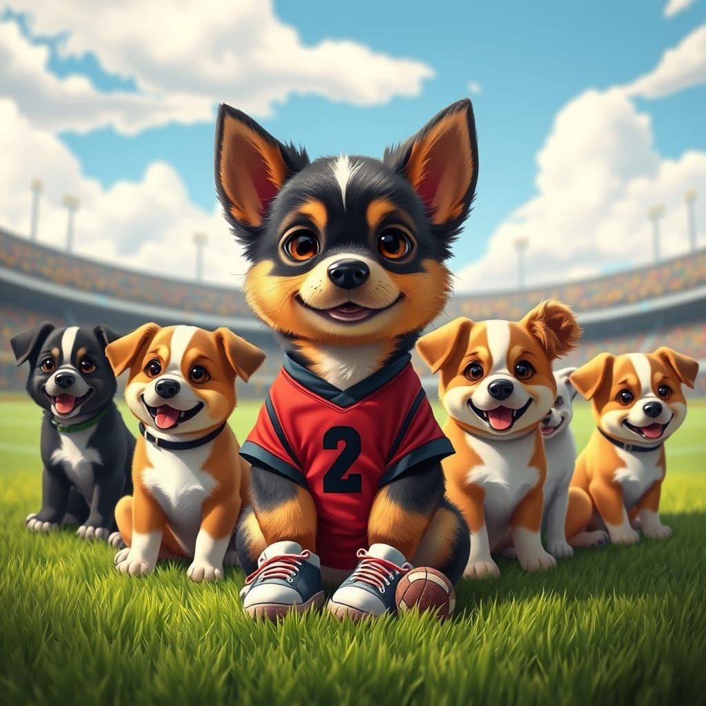 Cute Baby Dog Surrounded by Teammates in a Lush Stadium