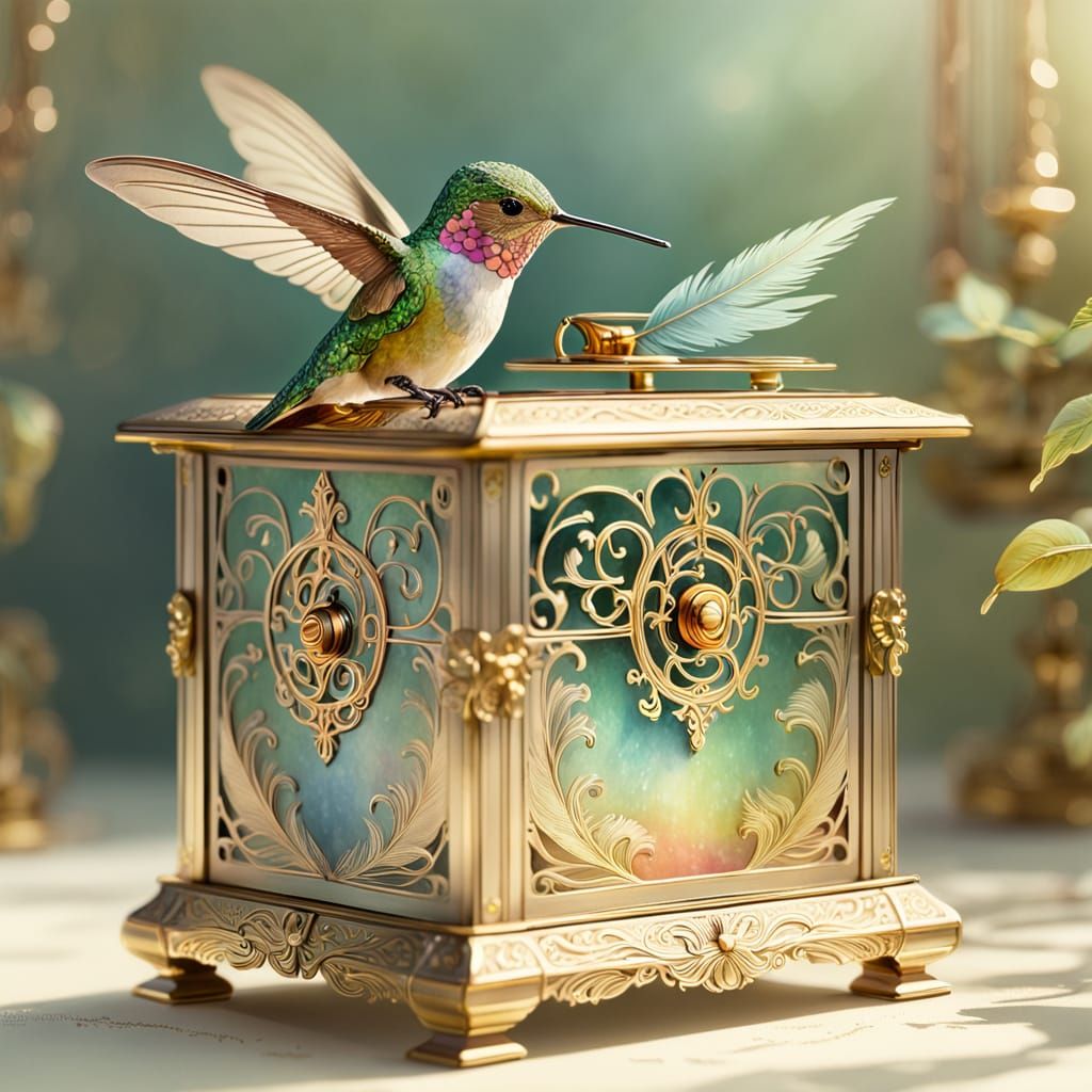 Hummingbird on Ornate Music Box in Watercolor Style