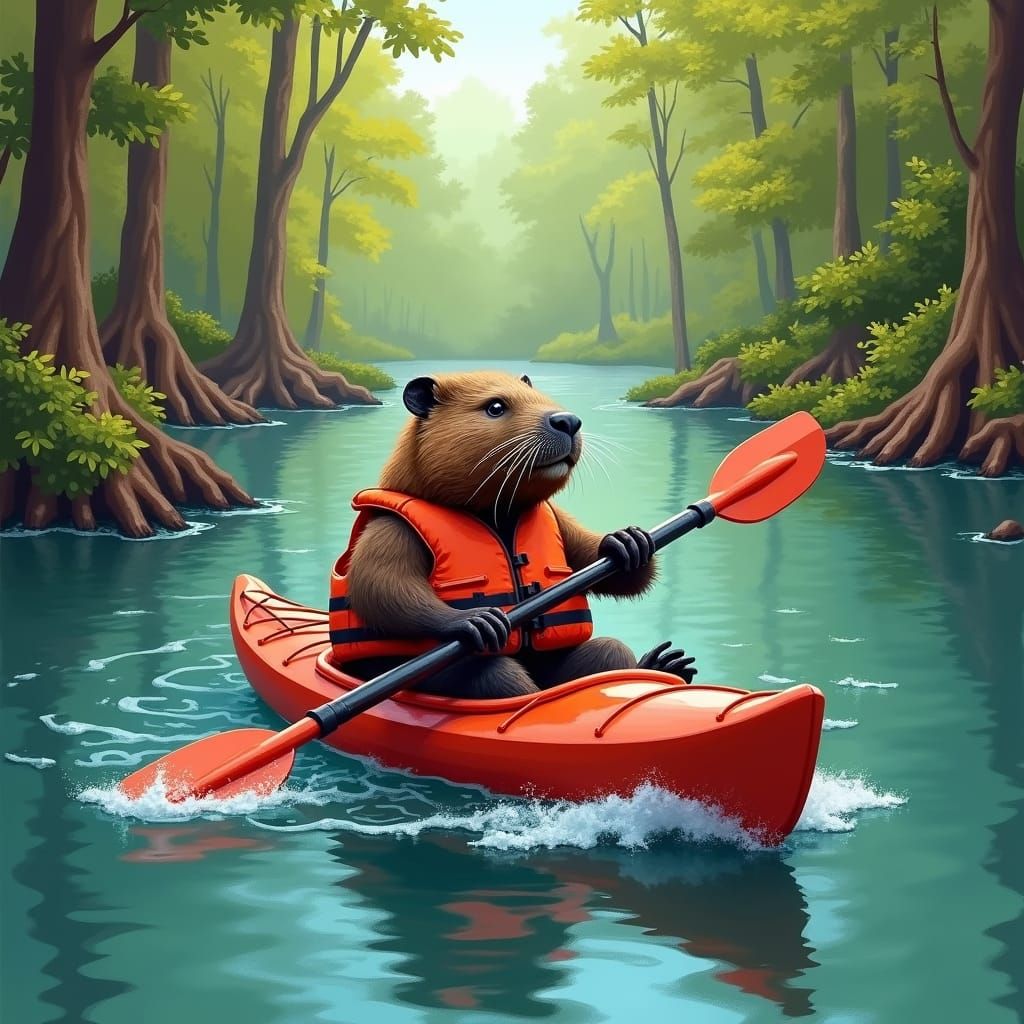 Beaver Kayaking Down River in Digital Art
