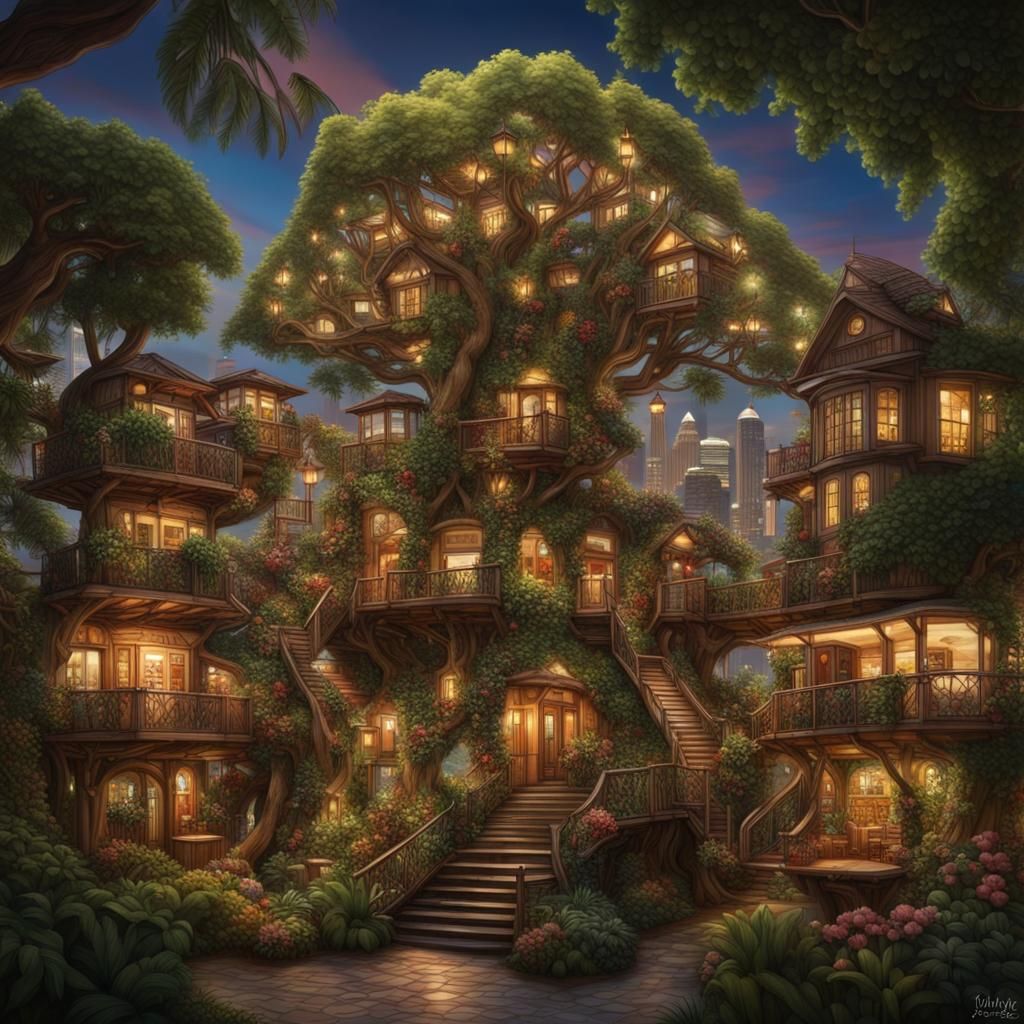 Treehouse City in Sycamore with Volumetric Lighting