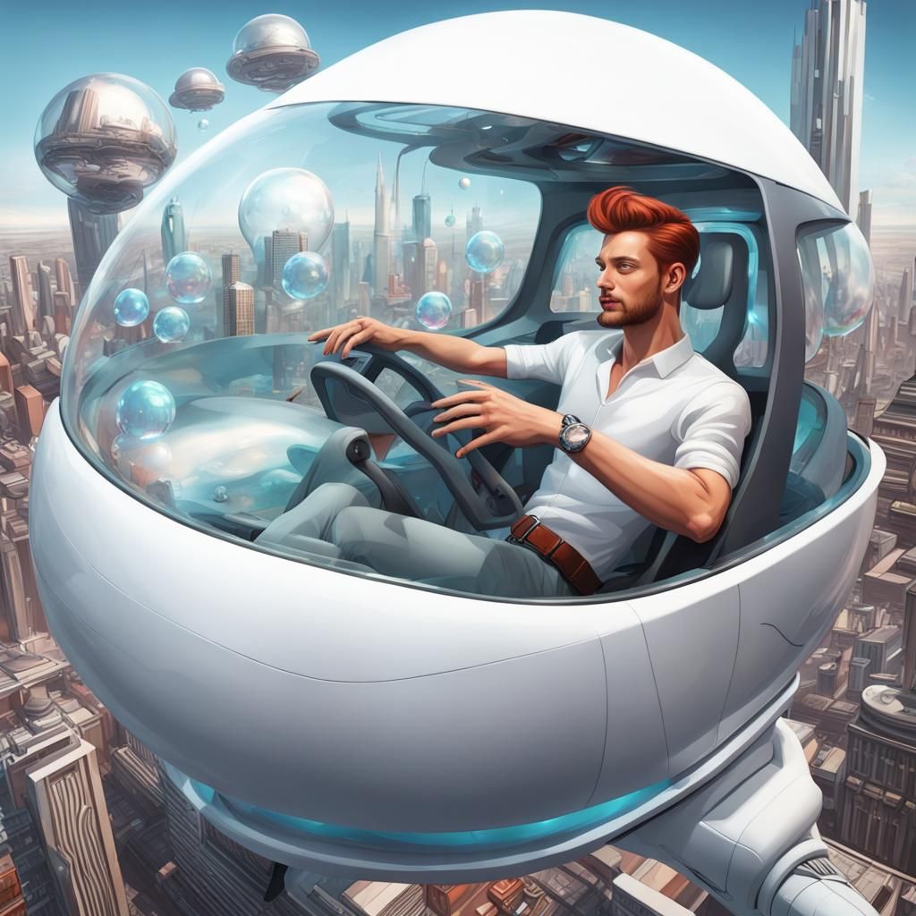 Hyperrealistic Man in Flying Car Over Atompunk City