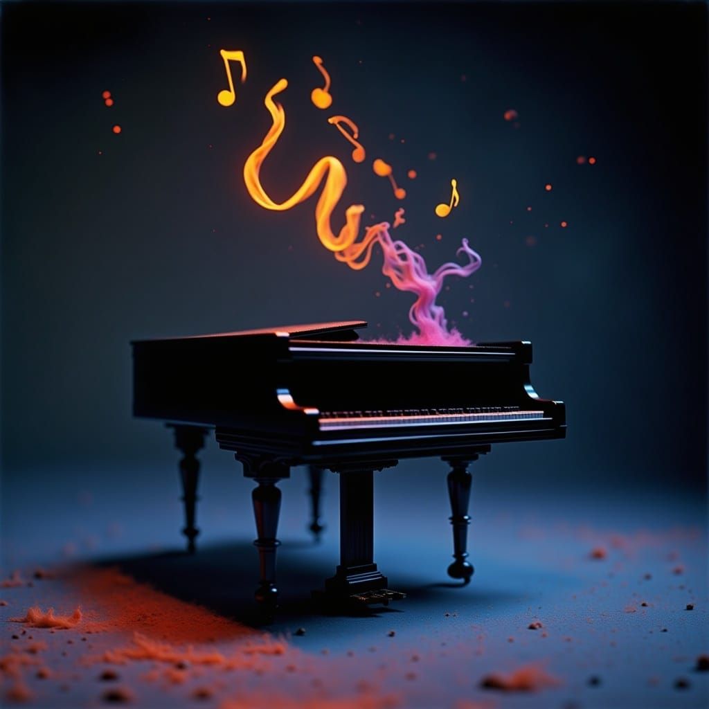 Floating Musical Notes Above Grand Piano in Dreamlike Style