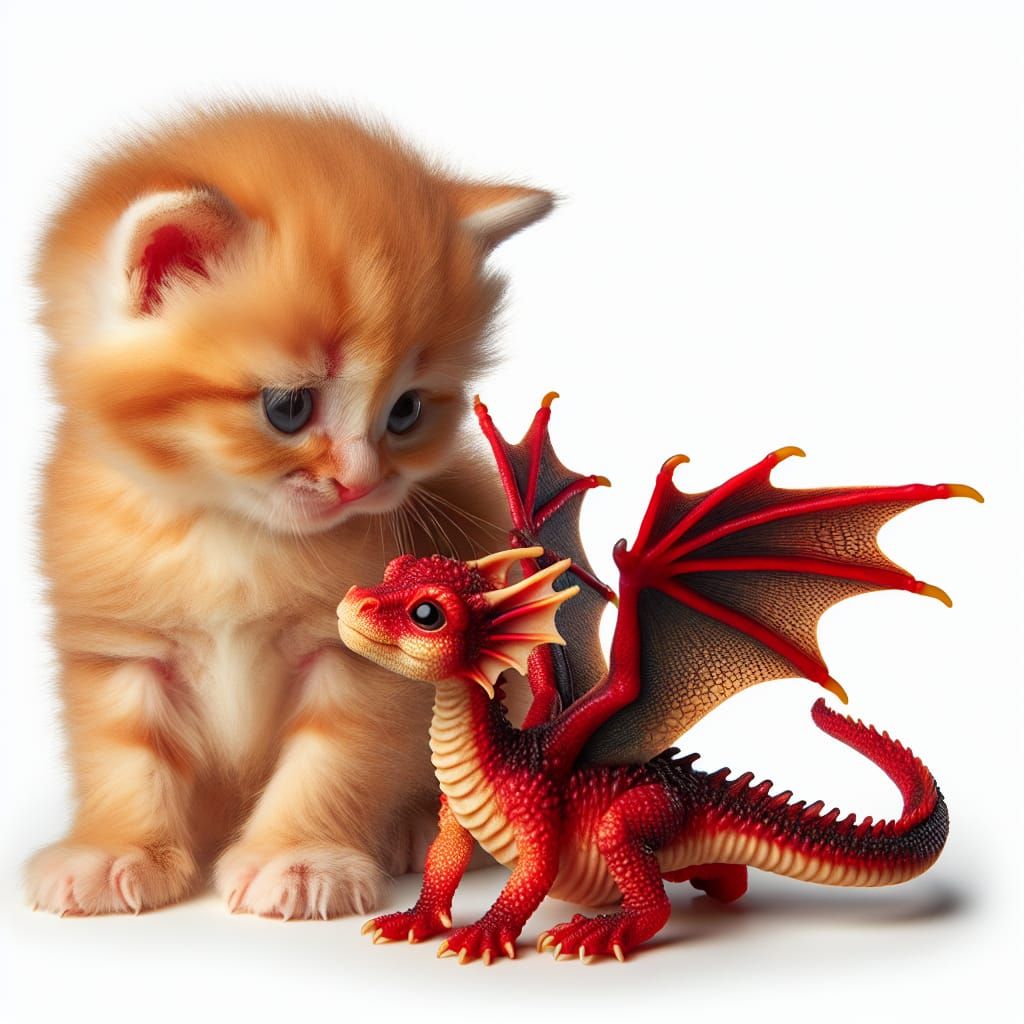 Cute Baby Kitten and Dragon Friends