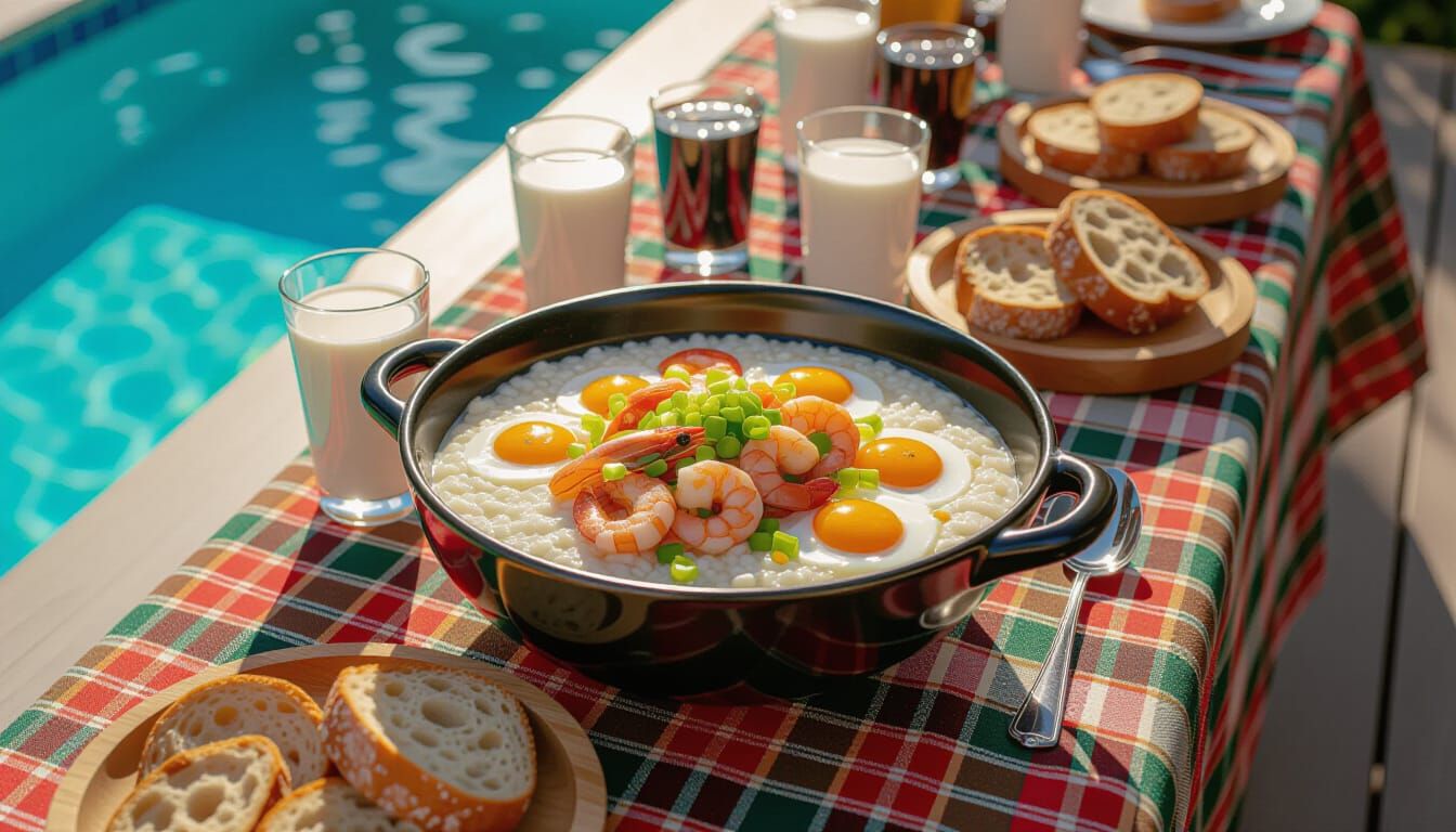 Photorealistic Rice Porridge Assortment with Seafood and Egg...