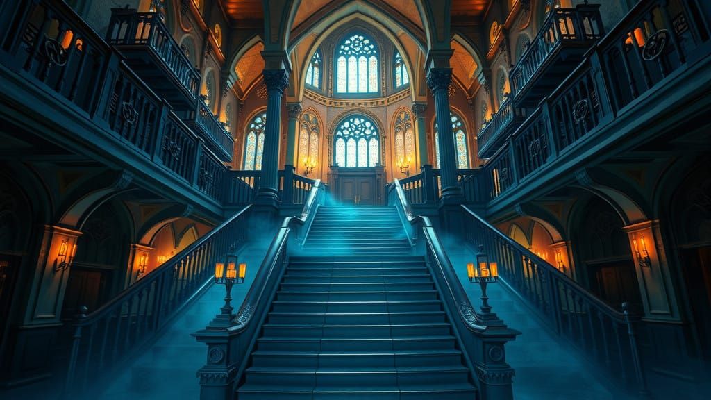 Majestic Hogwarts Grand Staircase in Whimsical Fantasy Style
