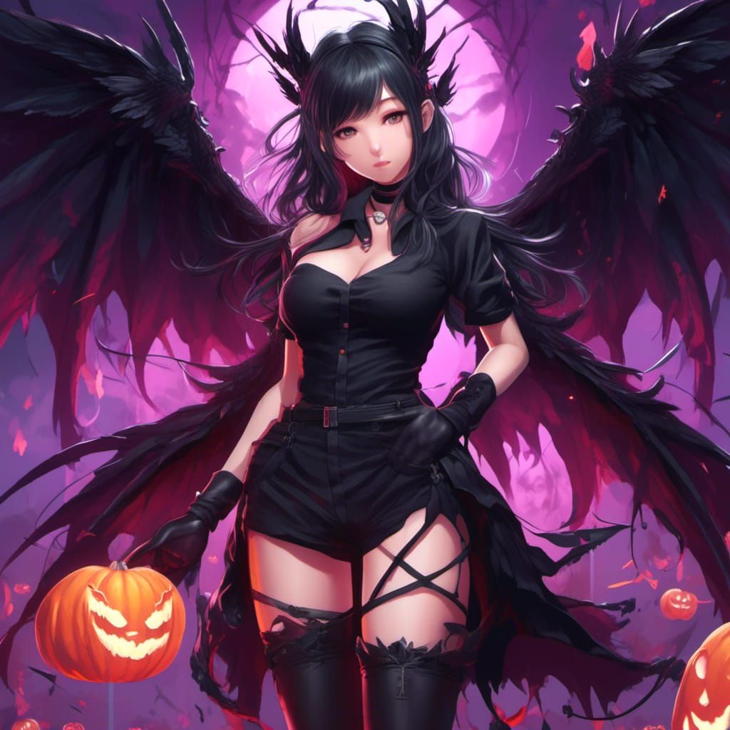 Anime Halloween Girl with Dragon Wings