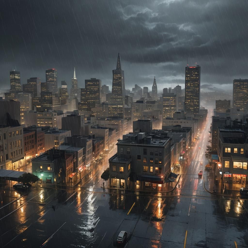 Rainy Night in San Francisco: Hyperrealistic Splash Art