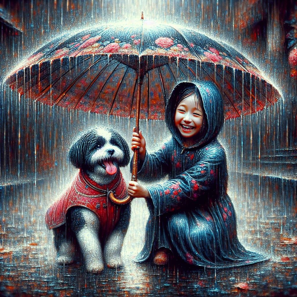 Girl and Dog in Rainy Scene: Romanticism Style