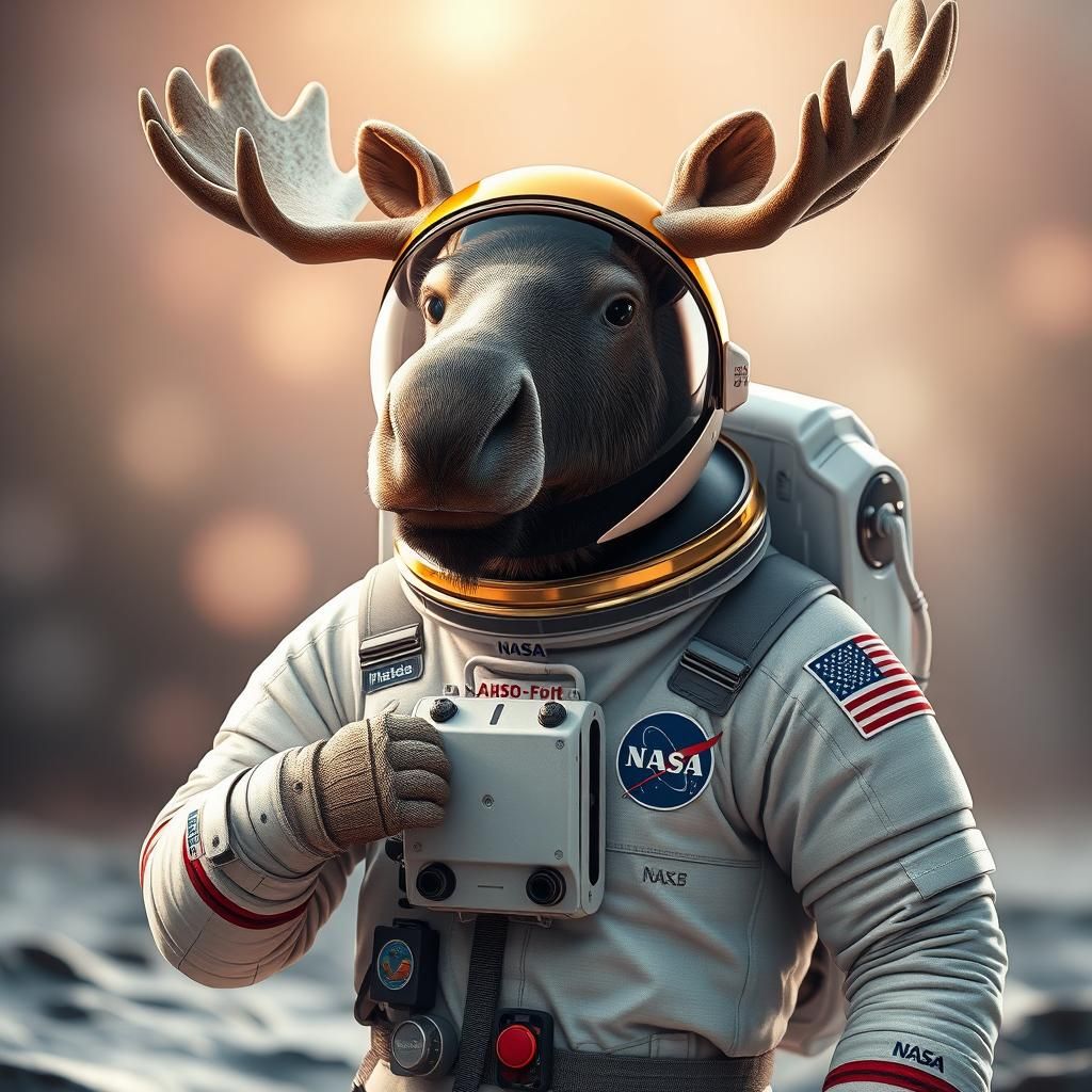 Moose in Spacesuit on Moon, Inspired by Syd Mead