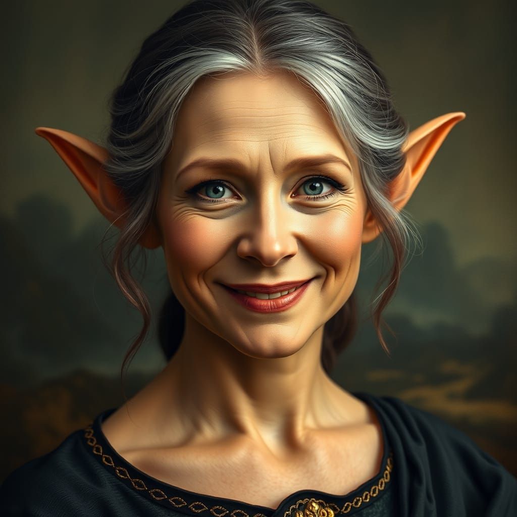 Hyperrealistic Portrait of a Smiling Mature Elf Woman