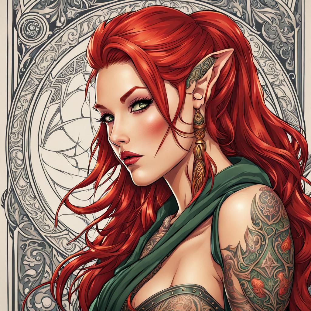 Red-headed Elf Wizard Female with Tattoos