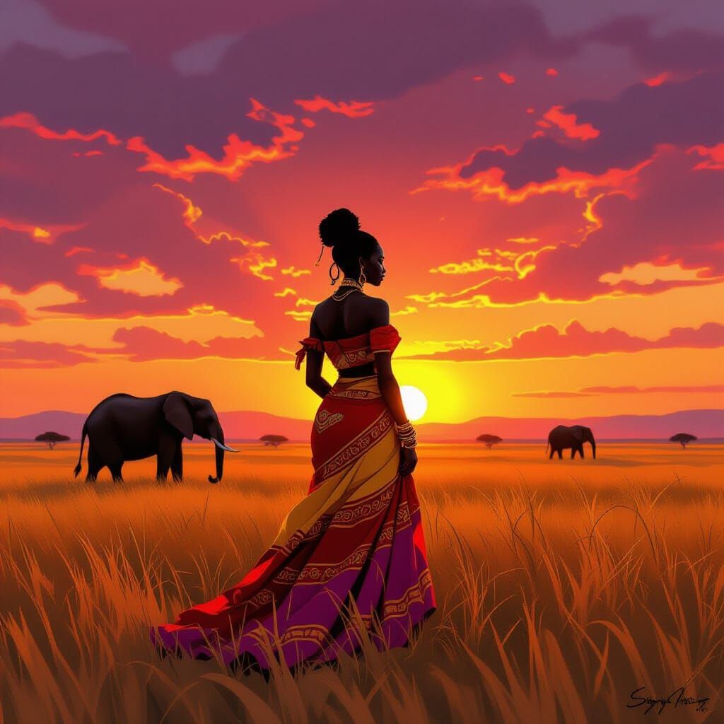 African Goddess at Savanna Sunset in Fauvist Style
