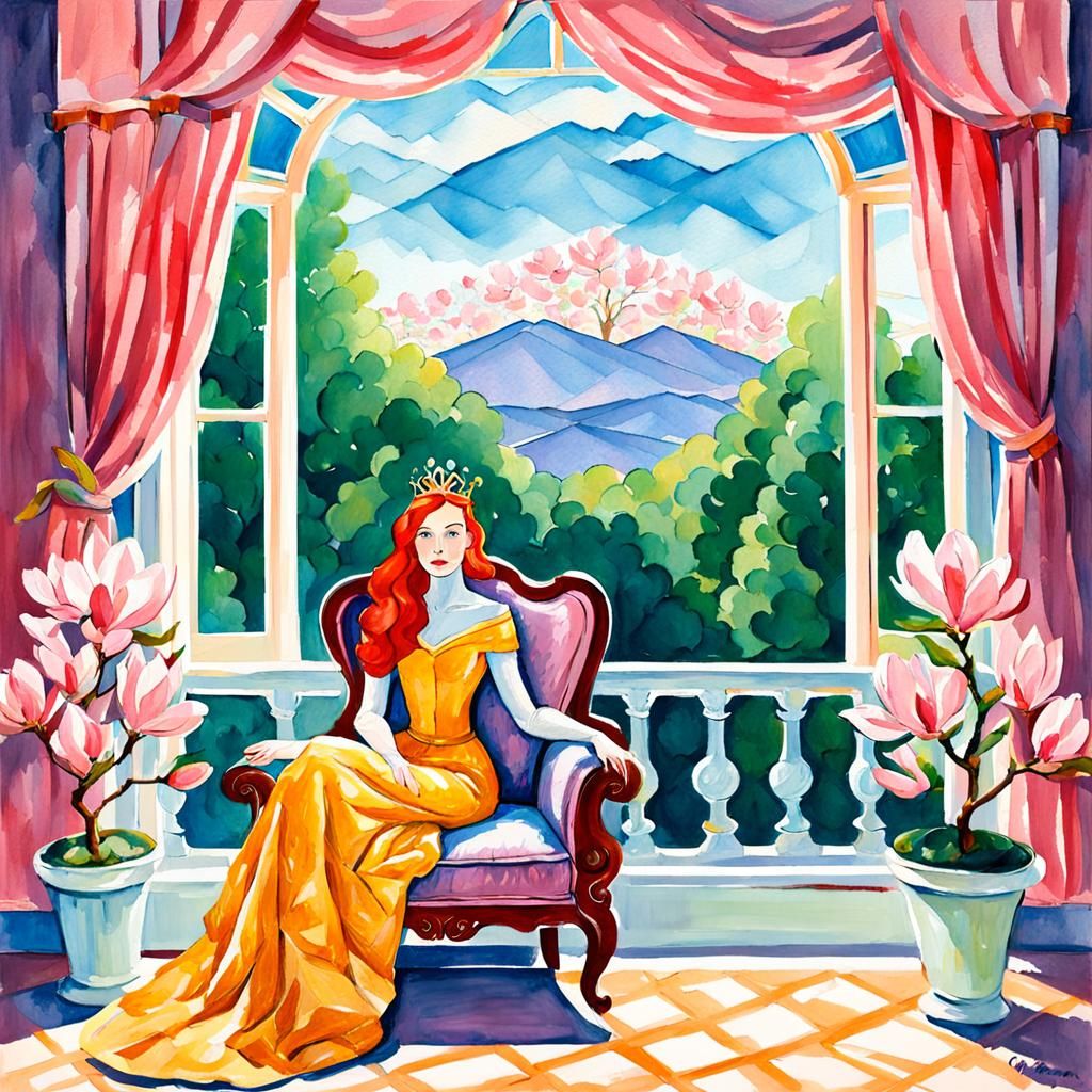 Redhead Princess on Throne in Gouache Style
