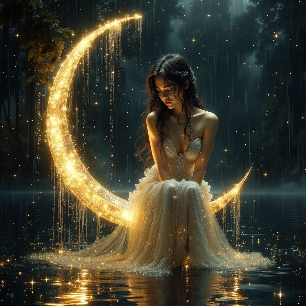 Sorrowful Moonlit Maiden in Dreamy, Ethereal Landscape