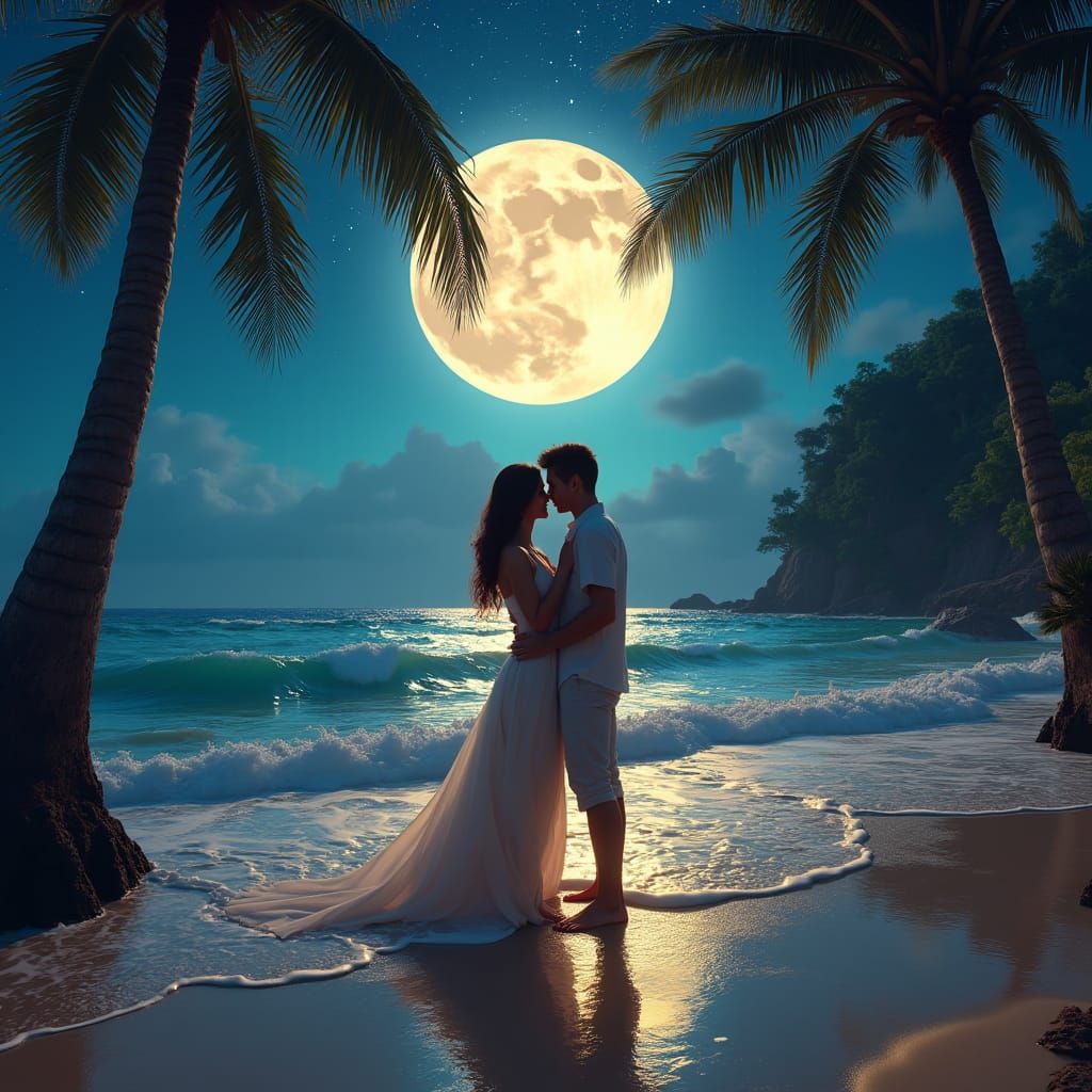 Romantic Moonlit Beach Embrace in Atmospheric Style
