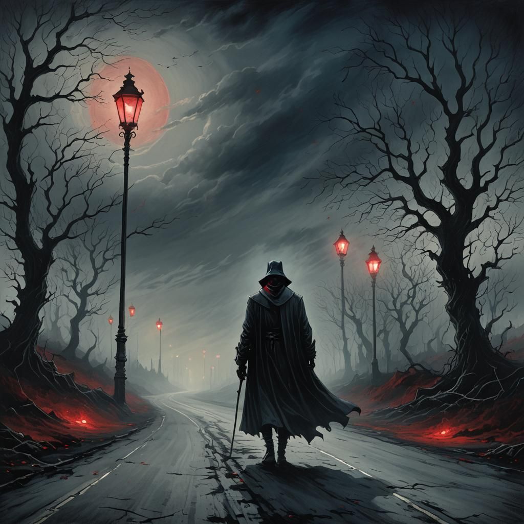 Eerie Gothic Figure on Deserted Road Illustration