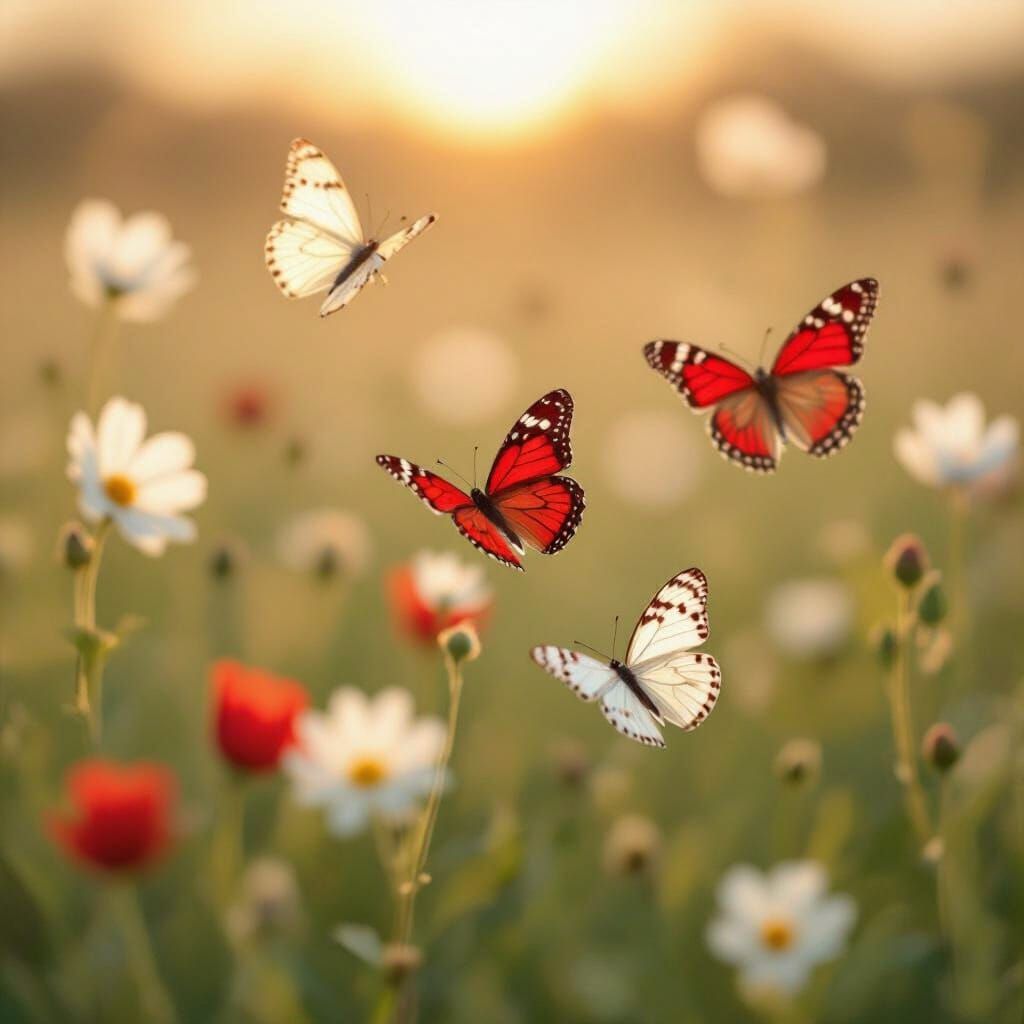 Butterflies Dance in Spring Meadow: Whimsical Sunset