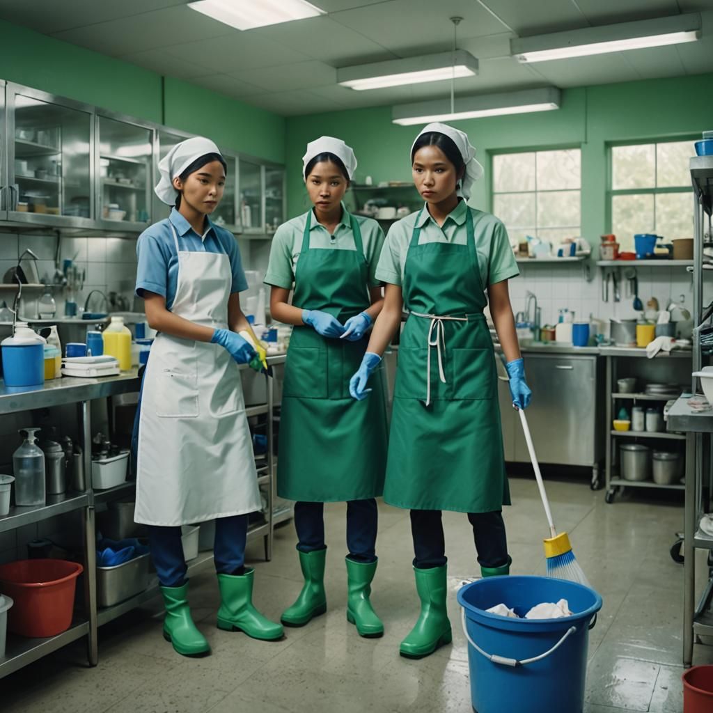 Hyperrealistic Charwomen Cleaning a Modern Laboratory