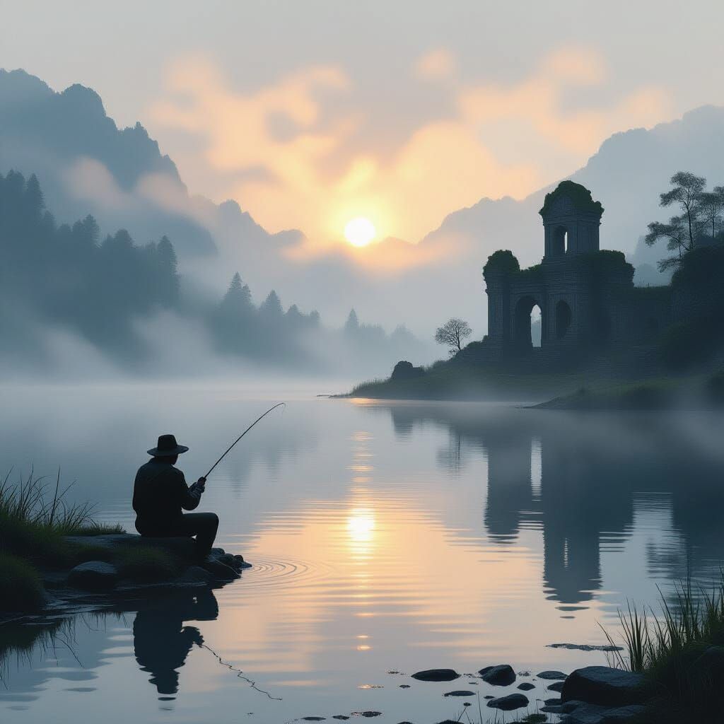 Serene Dawn Lake with Fisherman and Ancient Ruins in Etherea...
