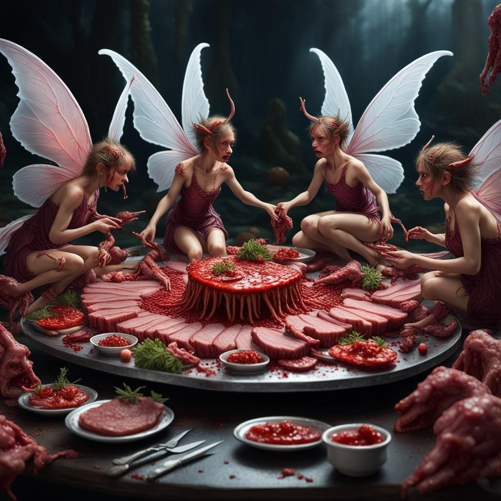 Miniature Carnivore Fairies Feast, Dark Fantasy Art