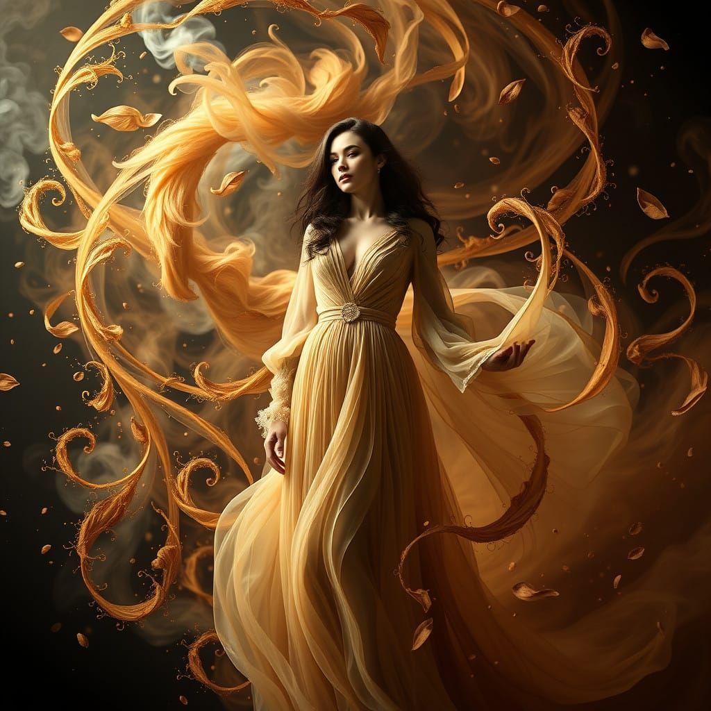 A Woman Surrounded by Whirling Aromas in a Fantastical Vorte...