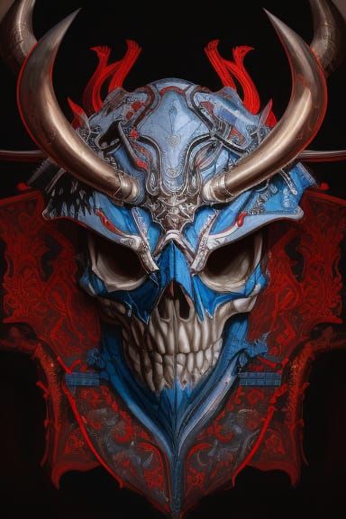 Skull Face with Blue Horns in Digital Illustration