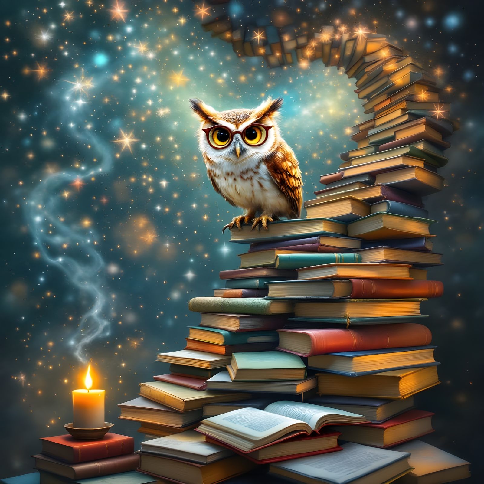 Surreal Owl Contemplates Literature in Festive Night Sky