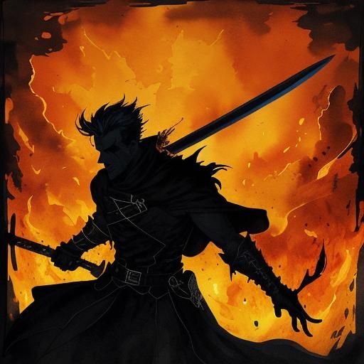 Dualistic Hero: Shadow and Flame in Watercolor