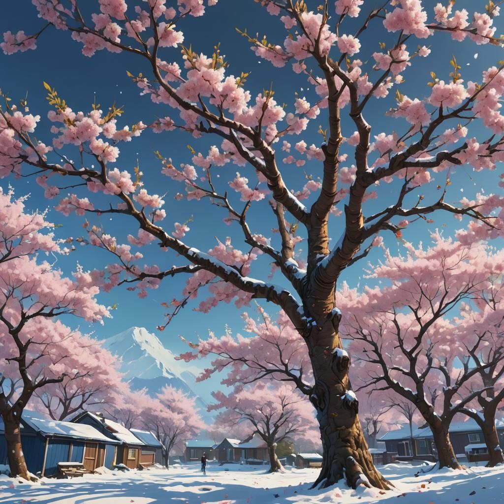 Cherry Blossoms in Snow: Detailed Matte Painting
