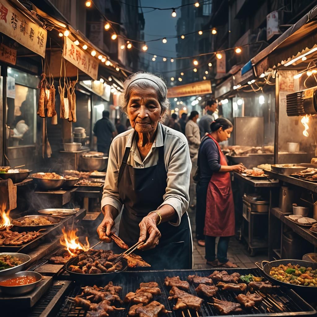 Bustling Street Food Stall in Modern City
