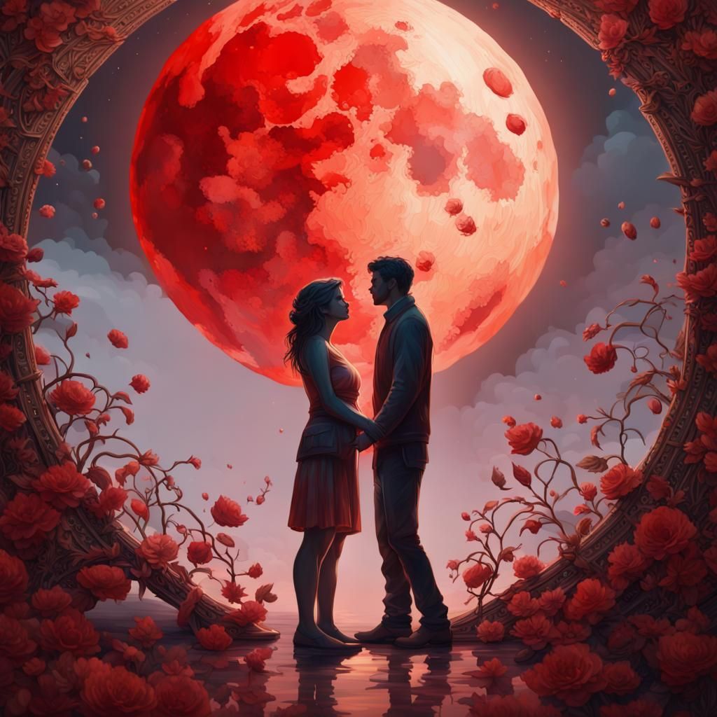 Couple Silhouetted Against a Red Moon in Splash Art