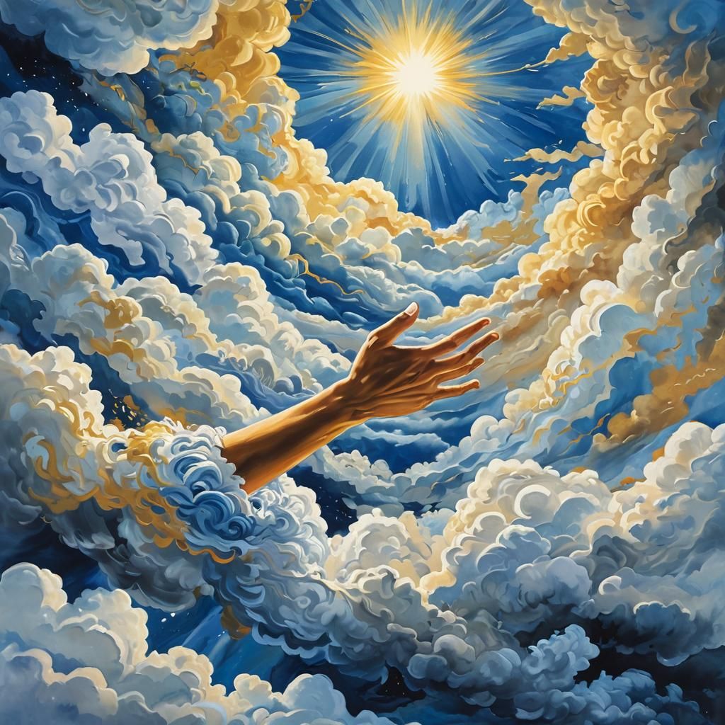 God's Hand Protects Earth: Gouache Maximalist Masterpiece