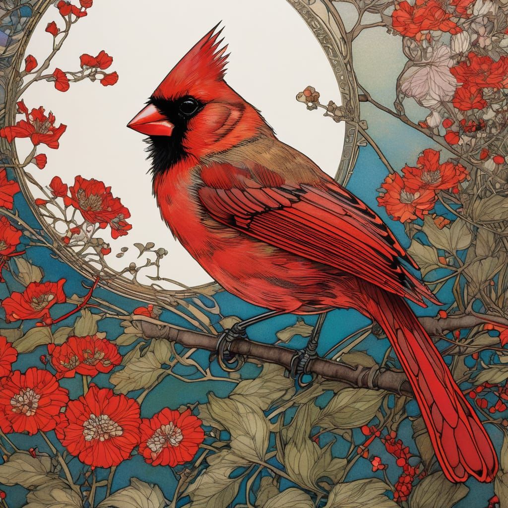 Intricate Cardinal Organic Line Drawing in Art Nouveau Style