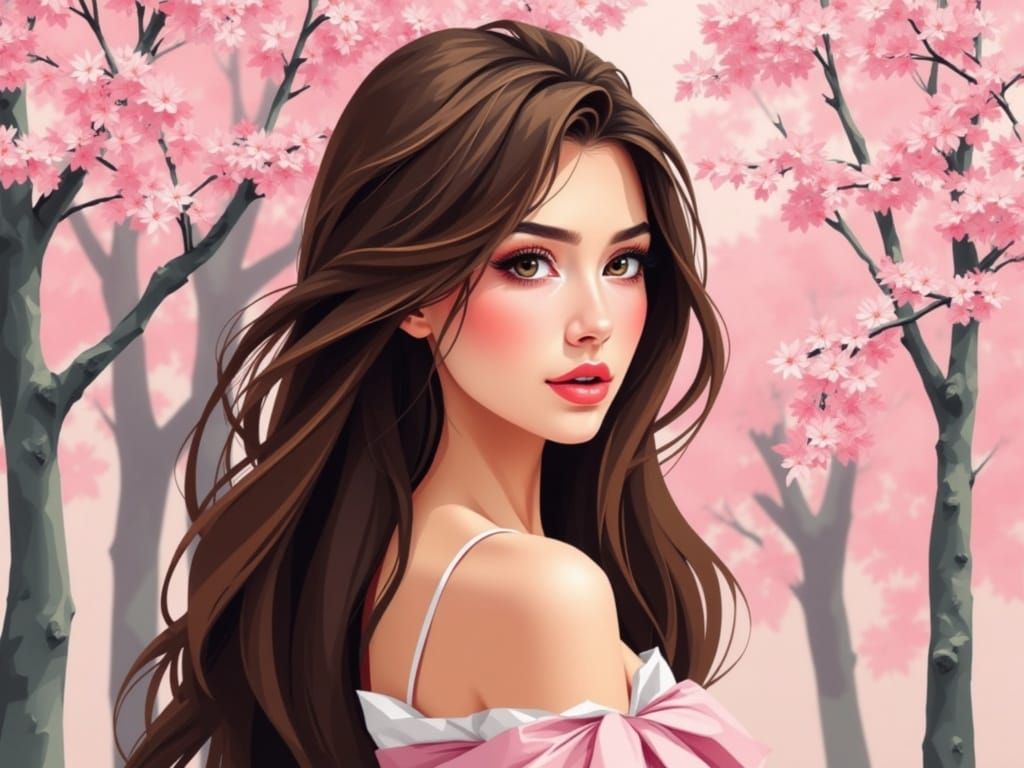 Japanese Woman in Pastel Colors Under Cherry Blossoms