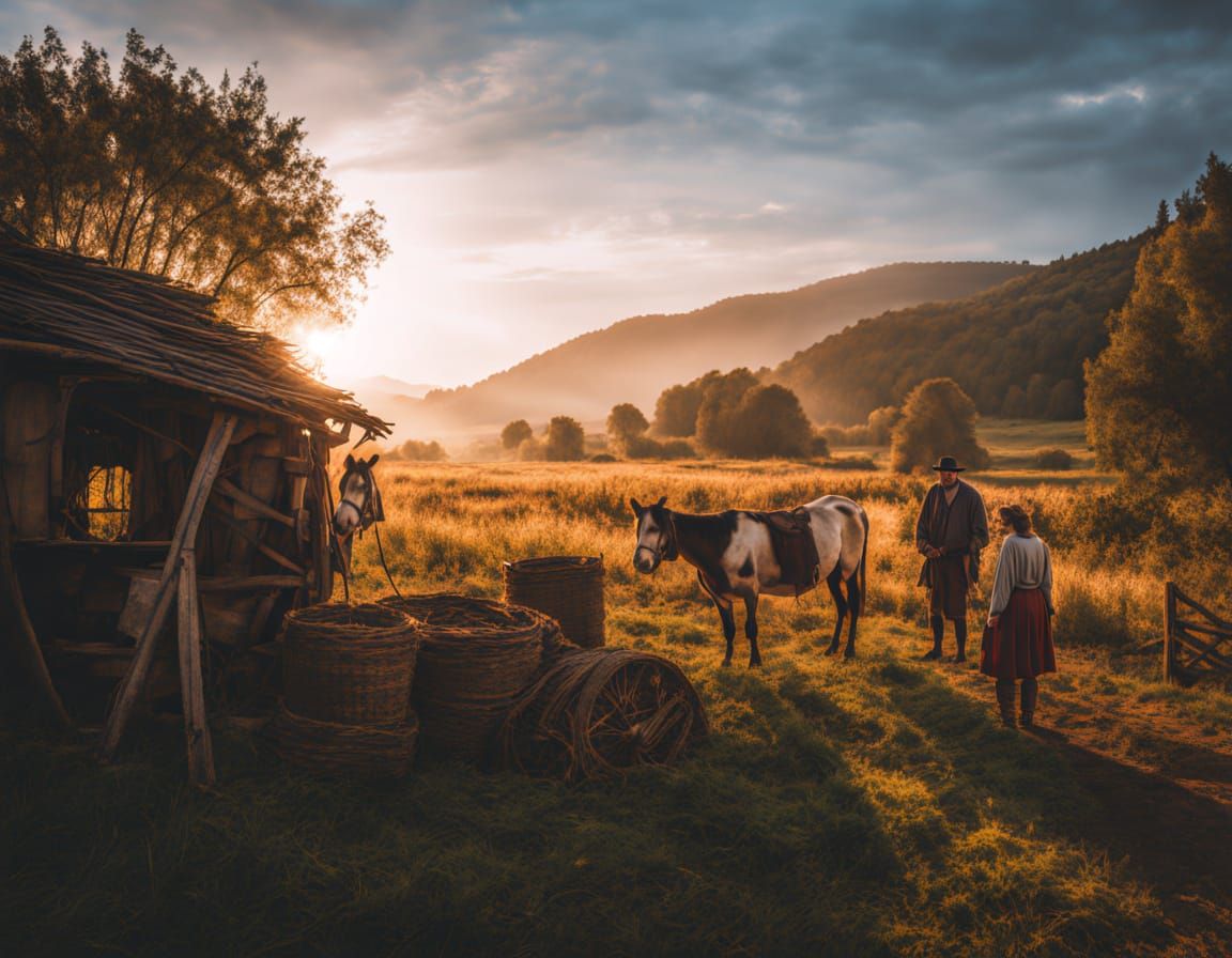 Humble Farmer Couple in a Medieval Greek Landscape