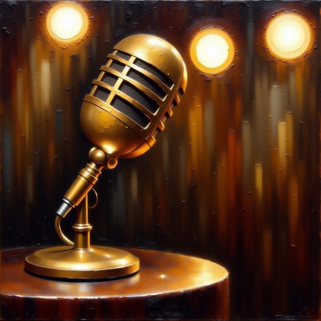 Vintage Microphone Oil Painting with Rich Impasto