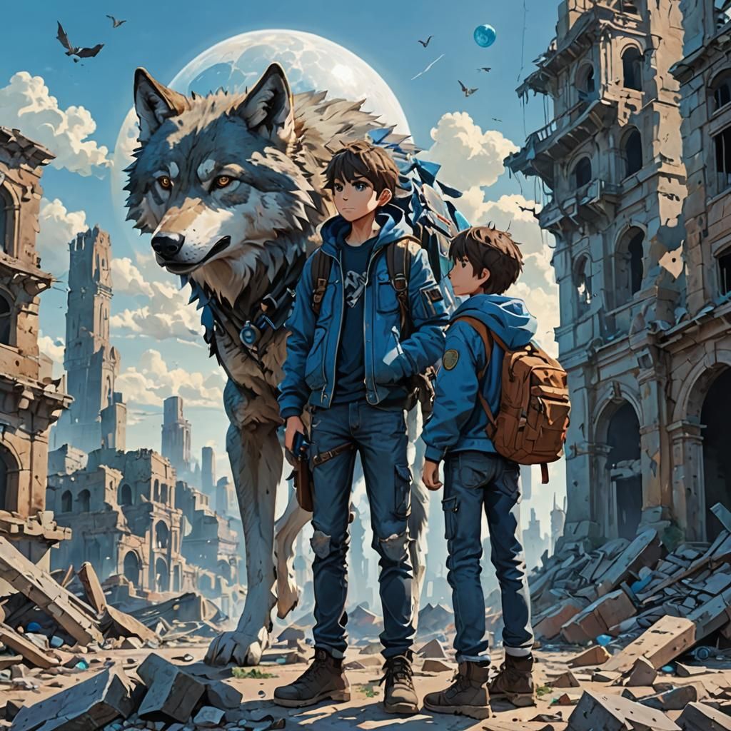 Boys and Wolves Explore Ruined City