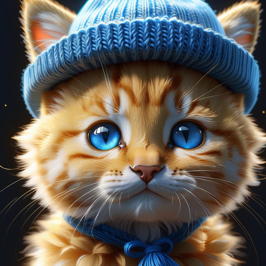Golden Kitten with Woolen Hat in Anime Style