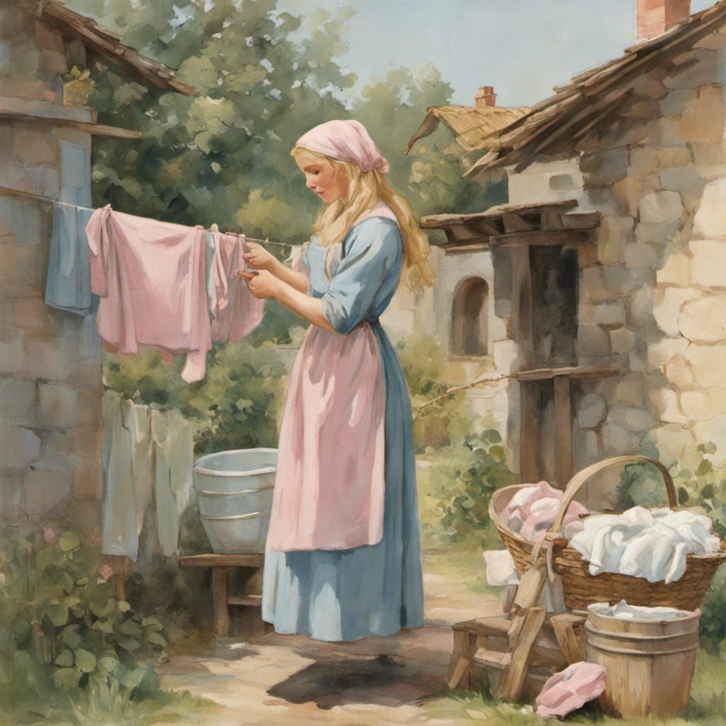 Peasant Girl Hanging Laundry in Garden