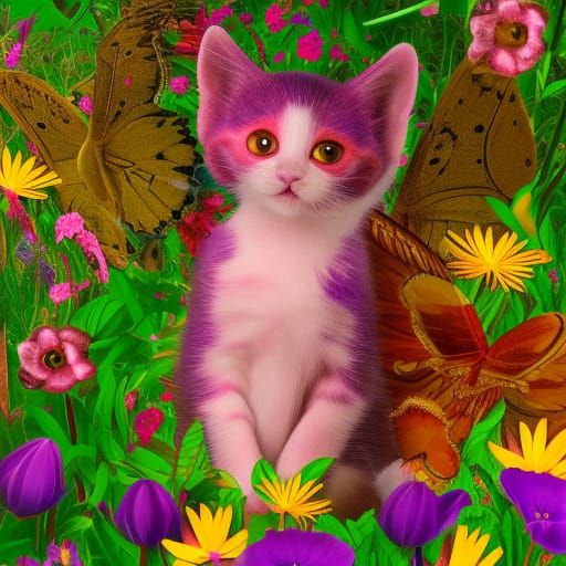 Magical Kitten in Rainbow Garden: Dark Fantasy Art