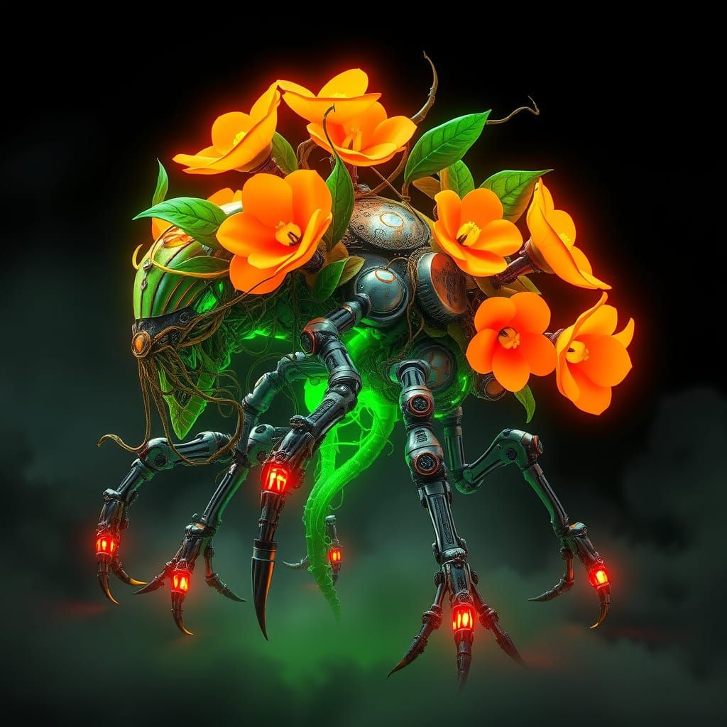 Biomechanical Plant Machine Glowing Neon