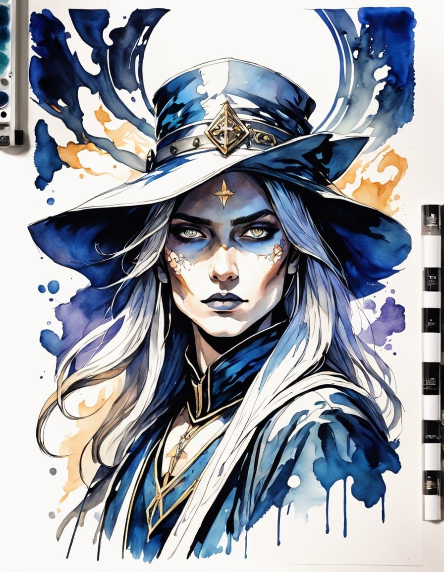 Enchantress Portrait in Ink and Watercolor