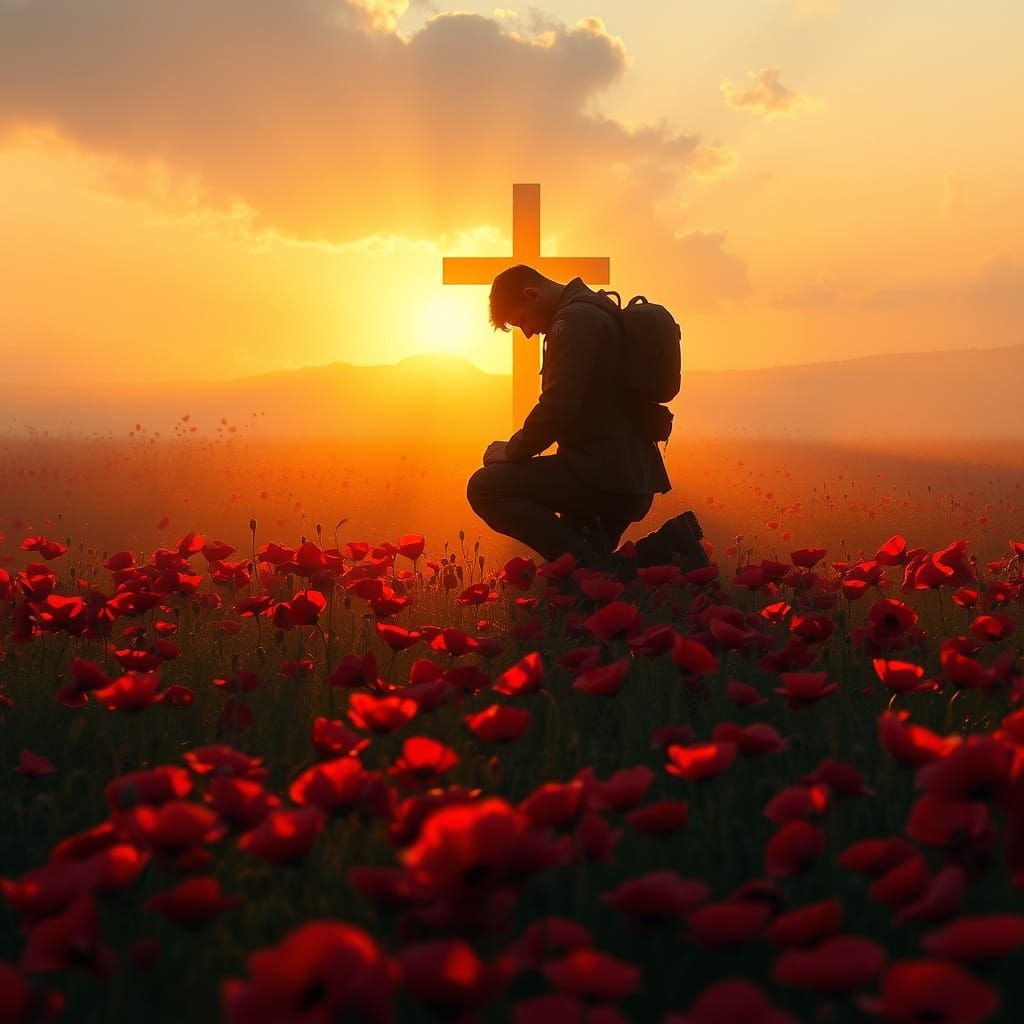 Soldier Kneeling in Poppy Field at Sunrise