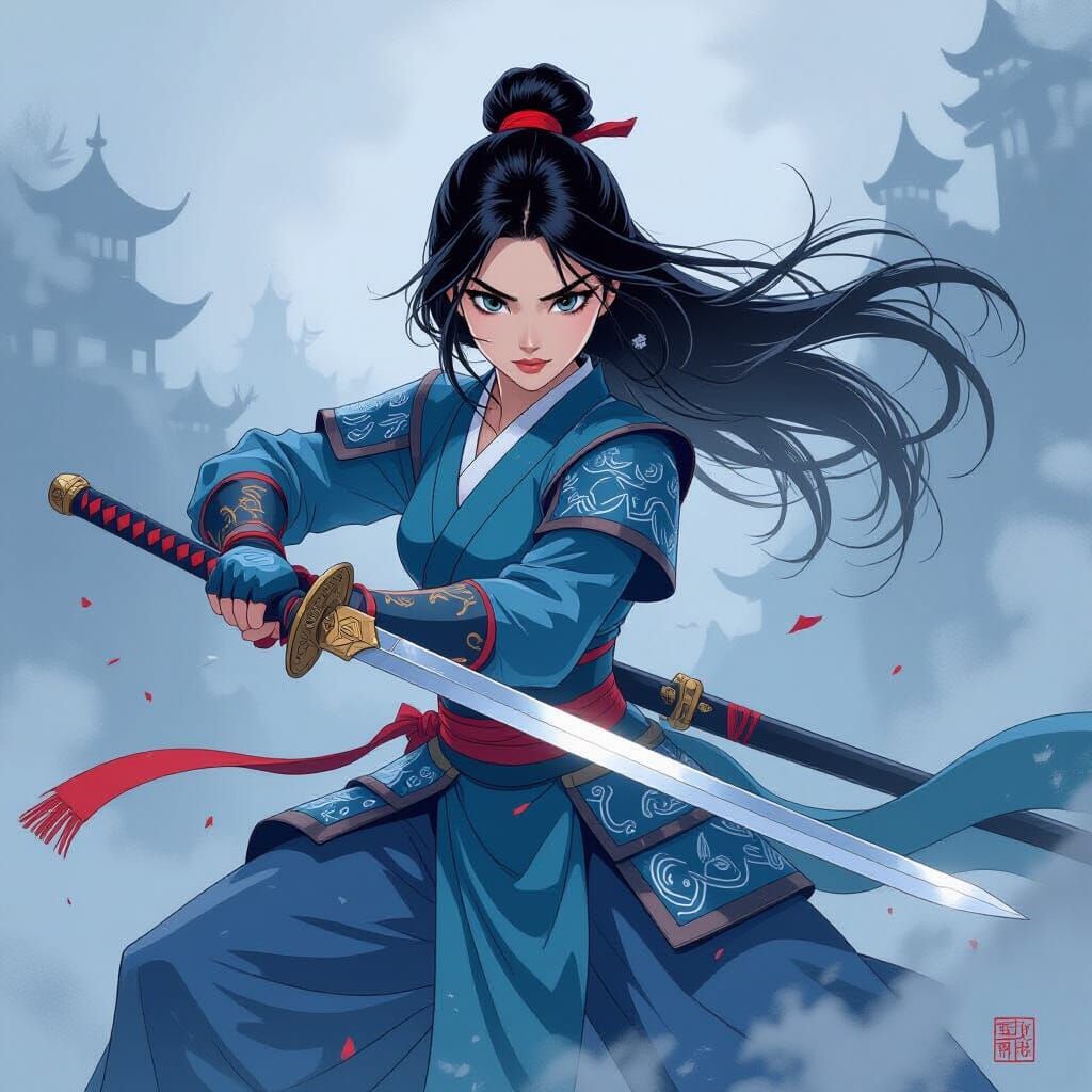 Anime Mulan Drawing Sword in Misty Atmosphere