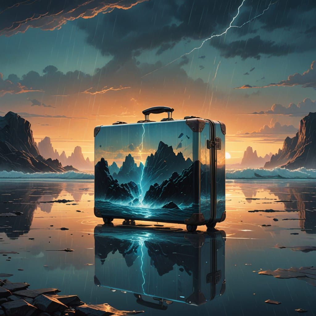 Futuristic Suitcase Radiates Ethereal Glow Amidst Ocean Turb...